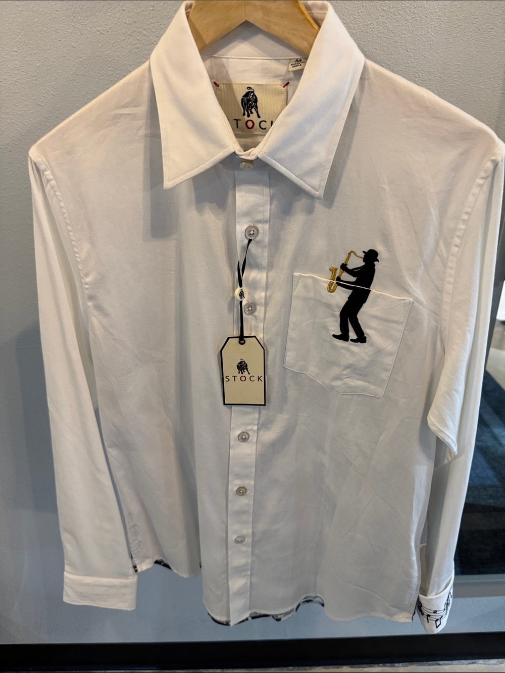 Stock Collection Men's white Button-Up Shirt with Saxophone/Jazz theme